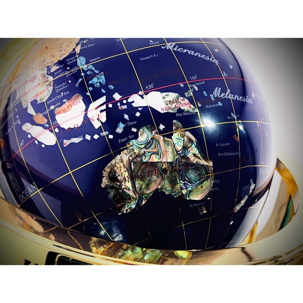 Gemstone Inlay Globe w/ Compass Base, 14” Tall – Gold-Tone Stand - Picture 6 of 10